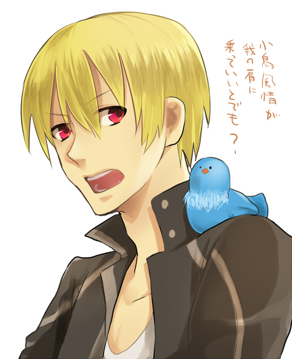1boy, animal, animal_on_shoulder, bad_id, bad_pixiv_id, bird, bird_on_shoulder, blonde_hair, casual, fate/stay_night, fate_(series), gilgamesh_(fate), gilgamesh_(immoral_biker_jacket)_(fate), jacket, male_focus, official_alternate_costume, open_mouth, red_eyes, solo, white_background, yomenookagedekomegaumai