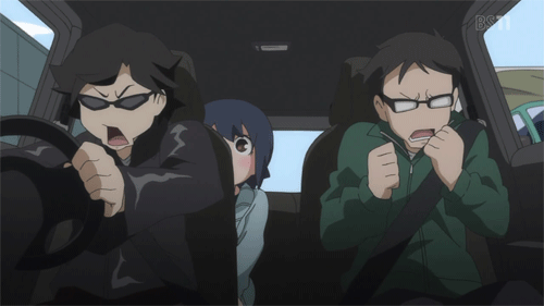 2boys, animated, animated_gif, car, dancing, driving, hen_zemi, ichikawa_hishiyasu