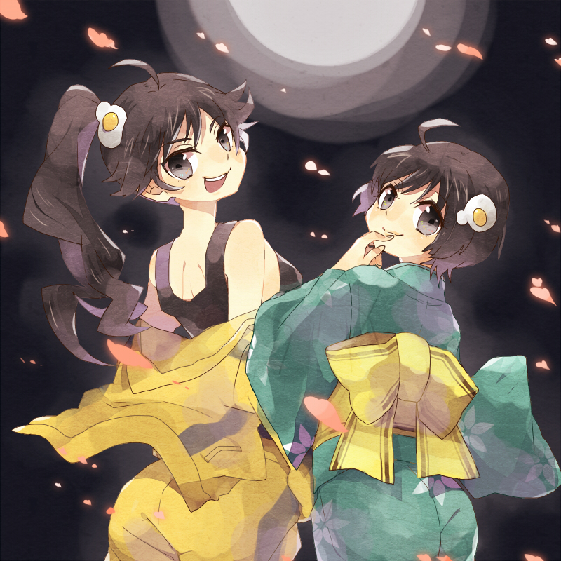 10s, 2girls, ahoge, araragi_karen, araragi_tsukihi, bakemonogatari, black_eyes, black_hair