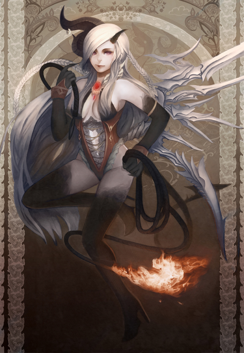 1girl, angel_wings, bare_shoulders, braid, breasts, corset, demon_girl, demon_tail, earrings, fire, flame-tipped_tail, halterneck, horns, jewelry, lips, long_hair, original, tail, tetsu_(aurvandil), thighhighs, twin_braids, whip, white_hair, wings