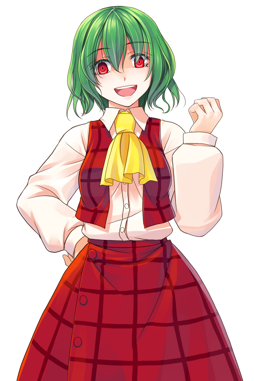 1girl, :d, ascot, clenched_hand, crote, female_focus, green_hair, hand_on_own_hip