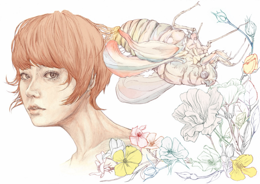 1girl, bug, cicada, flower, gami_(n09), insect, orange_hair, original