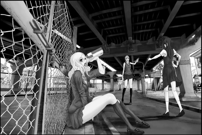 3girls, chain-link_fence, fence, gami_(n09), glasses, greyscale, helmet, kneehighs