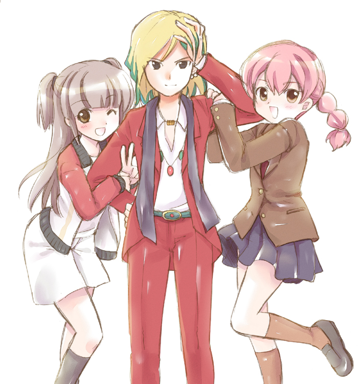 1boy, 2girls, braid, brother_and_sister, brown_eyes, brown_hair, double_arm_hug, girl_sandwich