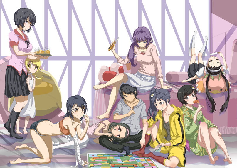 10s, 1boy, 6+girls, araragi_karen, araragi_koyomi, araragi_tsukihi, backpack, bag, bakemonogatari, barefoot, bed, board_game, boxcutter, candy, casual, artistic_error, everyone, feet, food, hachikuji_mayoi, hanekawa_tsubasa, harem, kanbaru_suruga, legs, lollipop, long_legs, monogatari_(series), multiple_girls, nekomonogatari, nisemonogatari, oshino_shinobu, playing_games, randoseru, school_uniform, sengoku_nadeko, senjougahara_hitagi, sleeves_pushed_up, socks, tashiromotoi, the_game_of_life_(board_game), tray