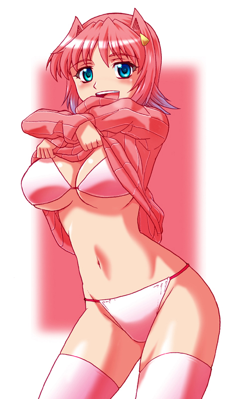 aqua_eyes, bikini, clothes_lift, hibino_aki, multicolored_hair, original, pink_bikini, pink_hair