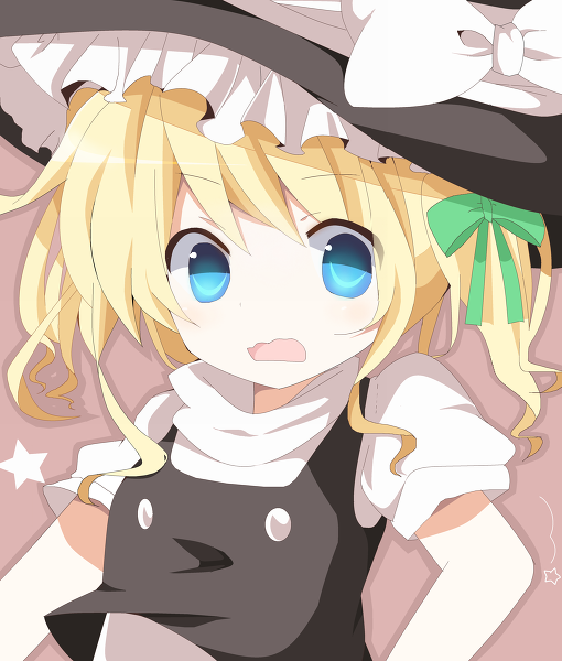 1girl, bad_id, bad_pixiv_id, blonde_hair, blue_eyes, broken_thumbnail, female_focus, hair_ribbon, kirisame_marisa, kohane_(633975), open_mouth, ribbon, short_hair, solo, touhou, twintails