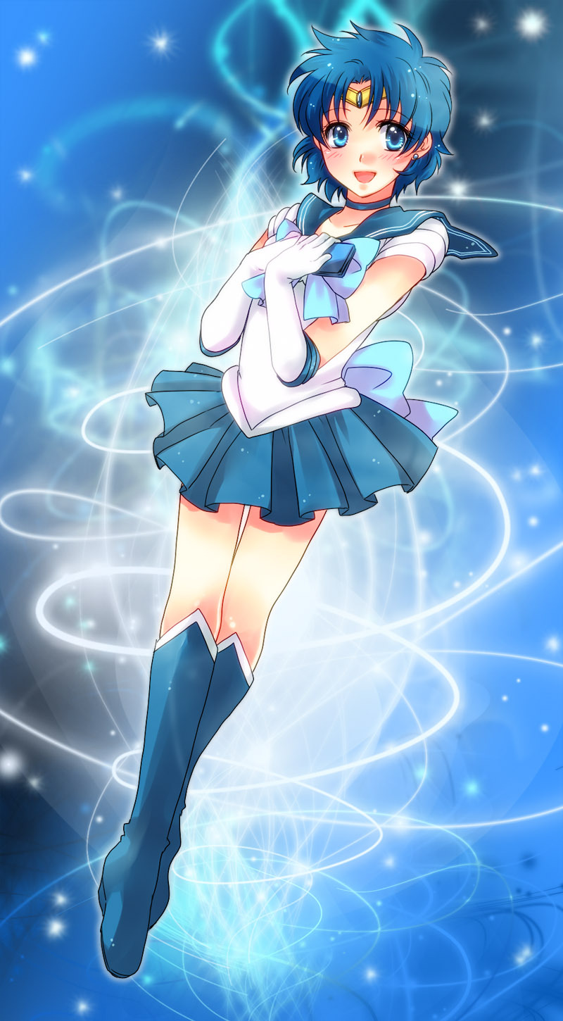 1990s_(style), 1girl, bishoujo_senshi_sailor_moon, blue_background, blue_boots, blue_dress, blue_eyes, blue_hair, blue_sailor_collar, blue_skirt, blue_theme, boots, bow, choker, dress, elbow_gloves, female_focus, full_body, gloves, highres, izumi_kouyou, knee_boots, matching_hair/eyes, mizuno_ami, pleated_skirt, retro_artstyle, ribbon, sailor_collar, sailor_mercury, short_hair, skirt, smile, solo, tiara, white_gloves