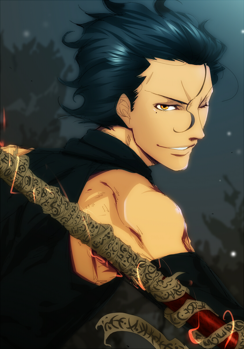 1boy, ahoge, black_hair, diarmuid_ua_duibhne_(fate), diarmuid_ua_duibhne_(lancer)_(fate), fate/zero, fate_(series), gae_dearg_(fate)