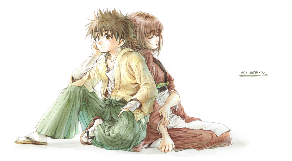 1boy, 1girl, back-to-back, bob_cut, closed_eyes, couple, frown, hakama