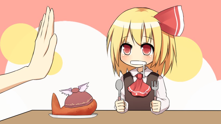 1girl, ascot, blonde_hair, drooling, embodiment_of_scarlet_devil, female_focus, food, fork