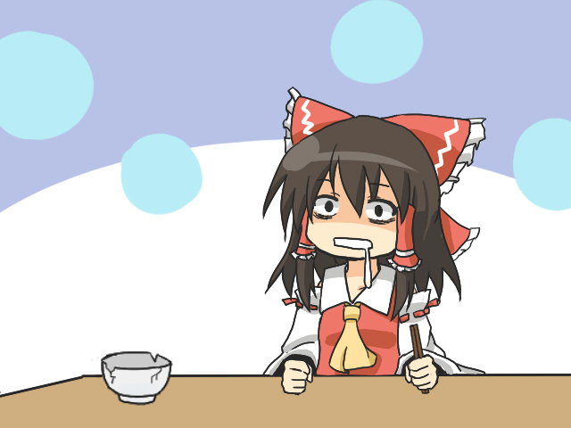 1girl, ascot, black_hair, bow, bowl, chopsticks, detached_sleeves, drooling