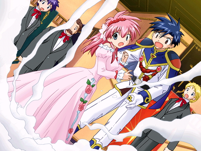 00s, 1girl, 4boys, broccoli_(company), cape, dress, evening_gown, flower