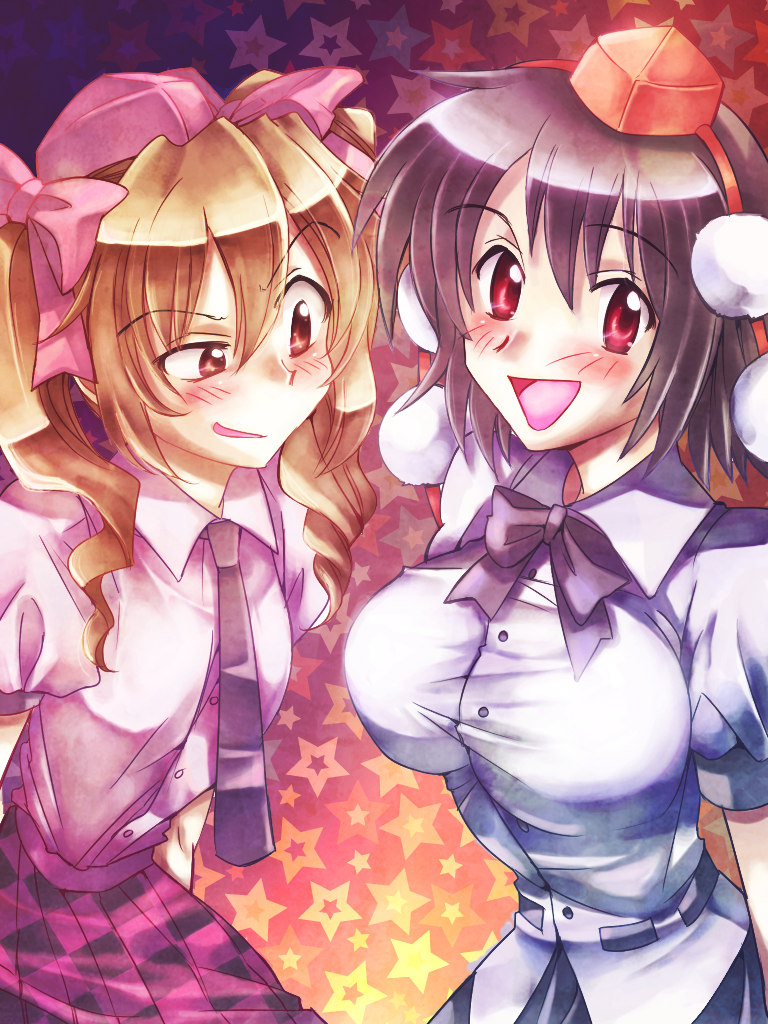 2girls, :d, bad_id, bad_pixiv_id, black_hair, blush, bow, bowtie