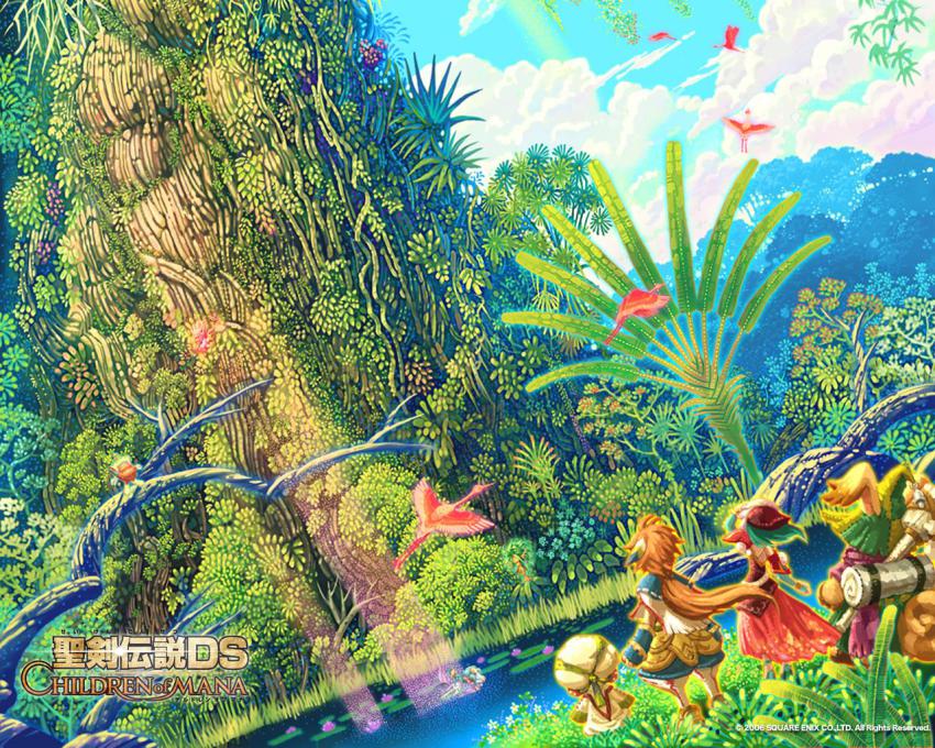 1boy, 1girl, bird, children_of_mana, colorful, copyright_name, crane_(animal), day, dutch_angle, fern, ferrick, flamingo, forest, from_behind, height_difference, long_hair, mana_tree, nature, official_art, official_wallpaper, outdoors, plant, ponytail, poppen, scenery, seiken_densetsu, square_enix, tamber, tree, wanderer_(children_of_mana)