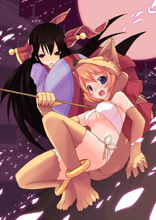 2girls, animal_ears, animal_hood, bandeau_bikini, black_hair, blue_eyes, bottomless, demon