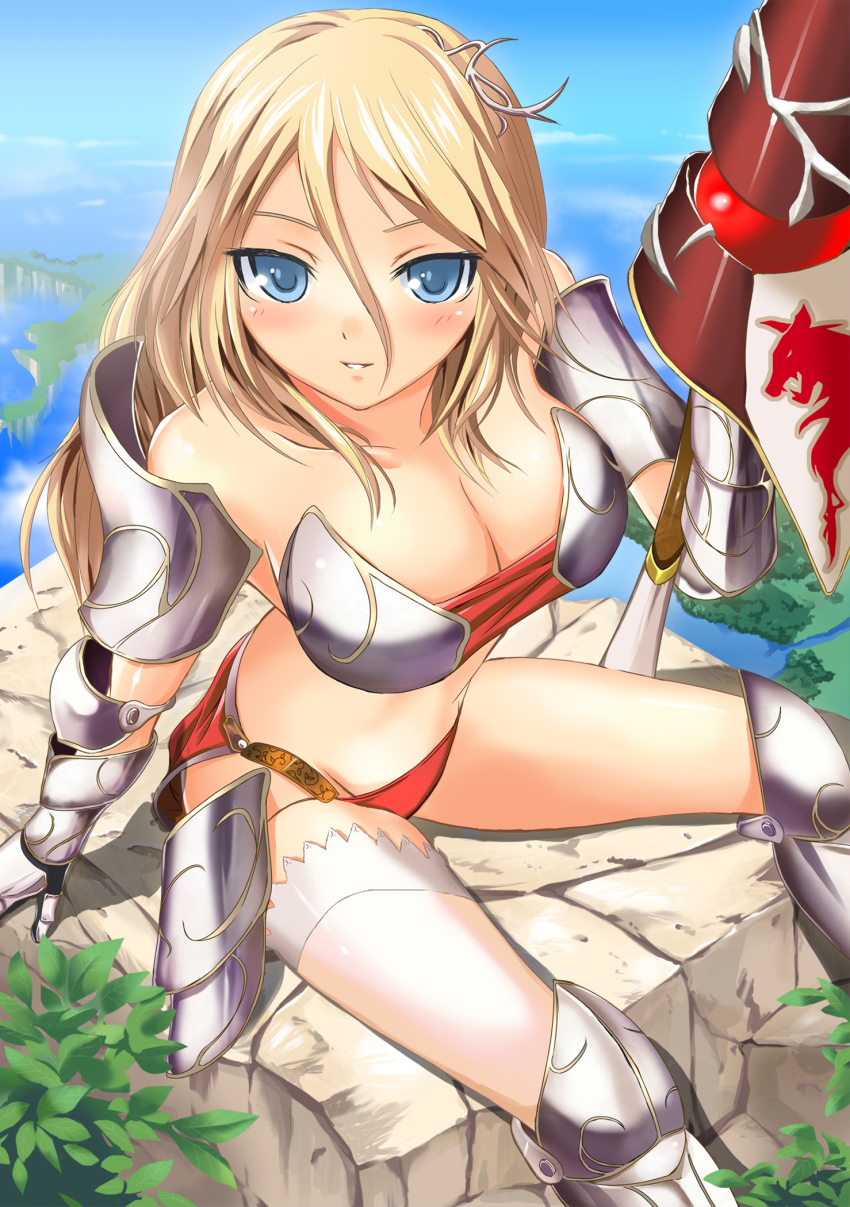 1girl, armor, bikini, bikini_armor, blonde_hair, blue_eyes, breasts, female_focus