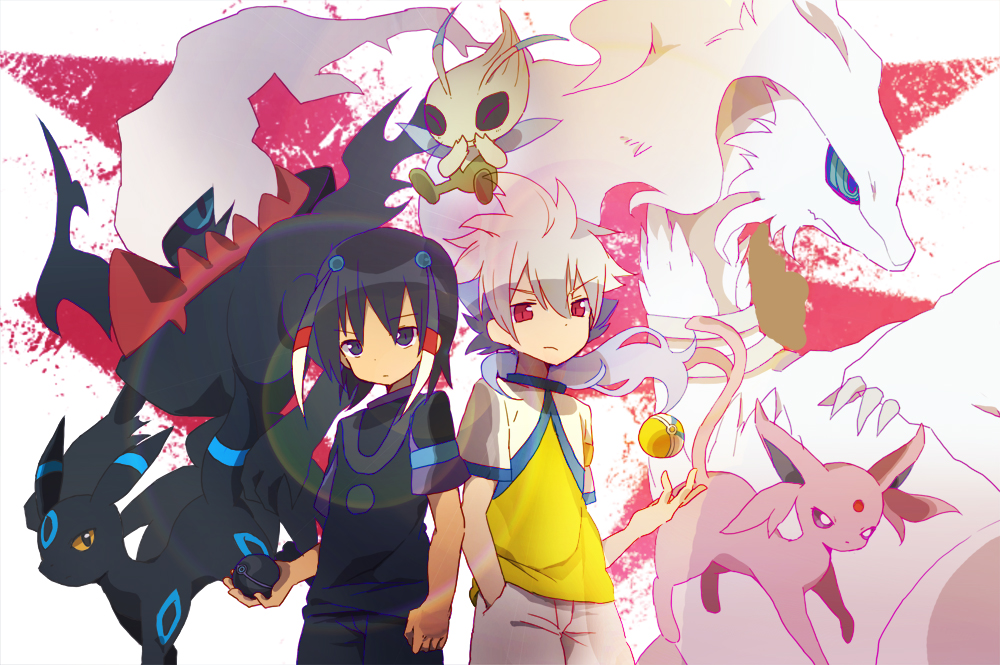 2boys, alternate_color, ameko-107, black_hair, celebi, crossover, darkrai, espeon, gen_2_pokemon, gen_4_pokemon, gen_5_pokemon, hair_ornament, hakuryuu_(inazuma_eleven), inazuma_eleven, inazuma_eleven_(series), inazuma_eleven_go, legendary_pokemon, long_hair, multicolored_hair, multiple_boys, mythical_pokemon, nintendo, open_mouth, pokemon, pokemon_(creature), pokemon_team, red_eyes, reshiram, shiny_pokemon, short_hair, shuu_(inazuma_eleven), tail, umbreon, white_hair, zekrom