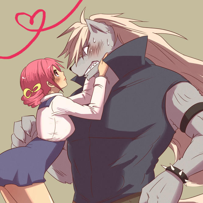 10s, 1boy, 1girl, akira_(valzerica), bad_id, bad_pixiv_id, blush, clenched_teeth, furry, furry_male, grey_background, hands_on_another's_cheeks, hands_on_another's_face, heart, heart_of_string, hoshizora_miyuki, long_hair, pink_eyes, pink_hair, precure, school_uniform, short_hair, side_ponytail, simple_background, size_difference, smile, smile_precure!, teeth, werewolf, white_hair, wolfrun