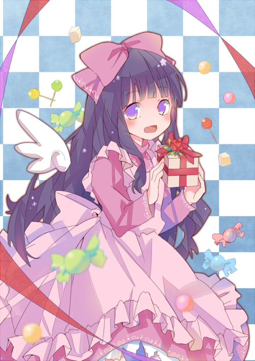 1990s_(style), 1girl, :d, black_hair, bow, candy, cardcaptor_sakura, checkered_background