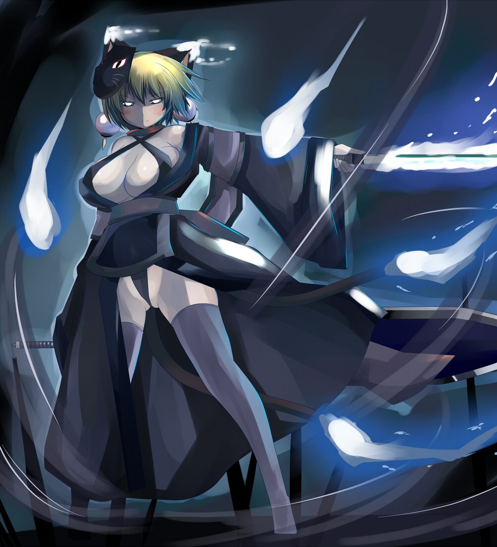 1girl, animal_ears, black_panties, blonde_hair, bra, breasts, cat_ears, cat_girl