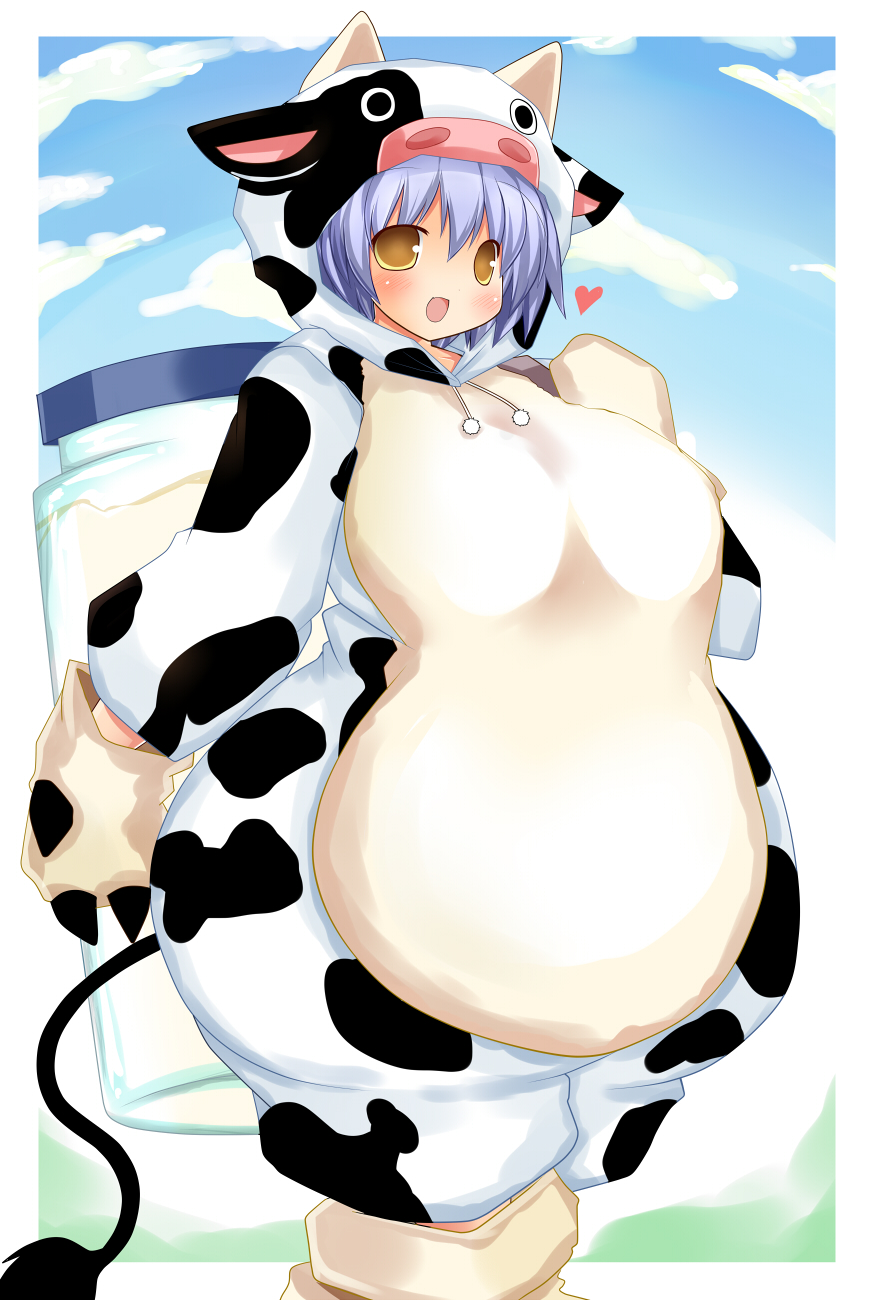 1girl, animal_costume, blue_hair, breasts, cow_costume, female_focus, heart, highres