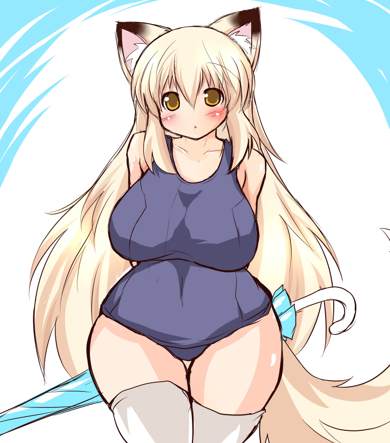 1girl, animal_ears, blonde_hair, breasts, choko-san_(fuyu), female_focus, fox_ears, fox_tail, fuyu, hip_focus, hotaru-mia, huge_breasts, long_hair, one-piece_swimsuit, plump, solo, standing, swimsuit, tail, thick_thighs, thigh_gap, thighhighs, thighs, umbrella, white_thighhighs, wide_hips, yellow_eyes