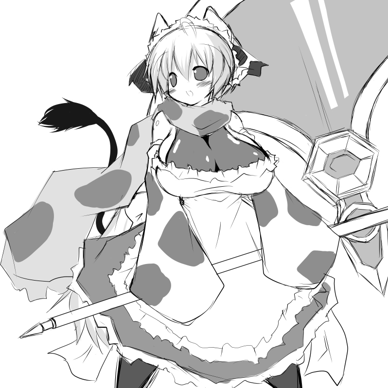 1girl, animal_ears, axe, breasts, cleavage, cow, cow_ears, cow_girl