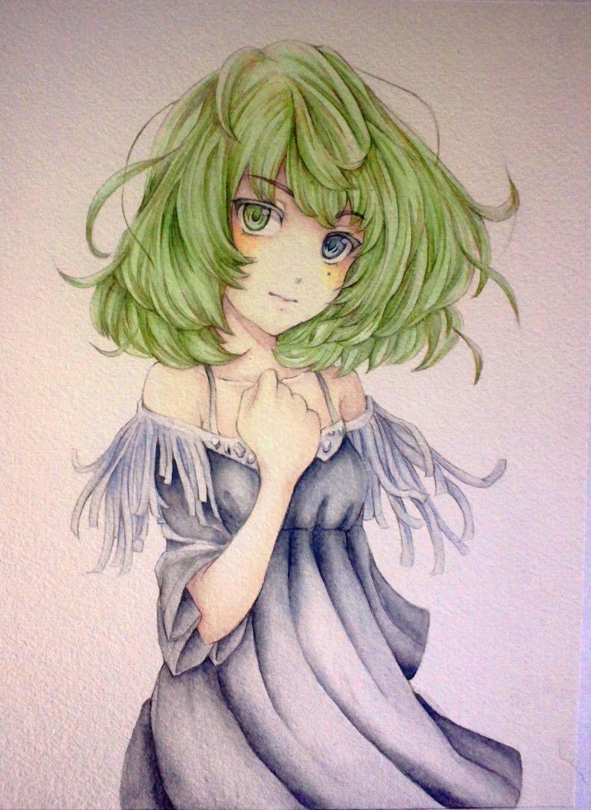 10s, 1girl, alternate_hair_color, blue_eyes, dress, female_focus, fringe_trim, green_eyes, green_hair, hand_on_own_chest, heterochromia, highres, idolmaster, idolmaster_cinderella_girls, matching_hair/eyes, mole, mole_under_eye, multicolored_eyes, painting_(medium), short_hair, solo, takagaki_kaede, traditional_media, watercolor_(medium), white_background, yuuyuu_(yuk1130), yuyu_(00365676)