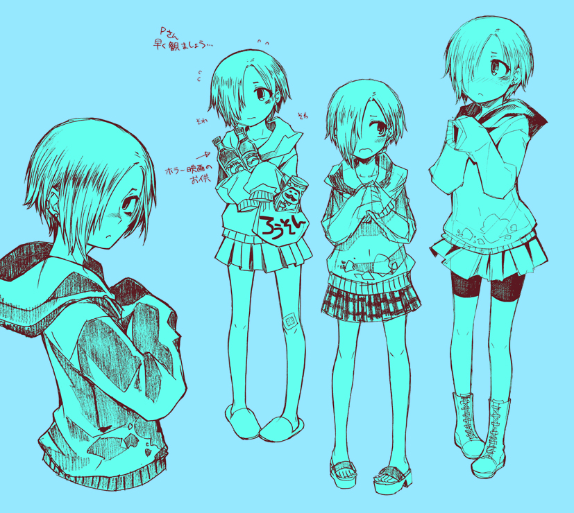 10s, 1girl, :<, aqua_theme, arrow_(symbol), bad_id, bad_pixiv_id, bag, bags_under_eyes, bike_shorts, blue_background, blue_theme, blush, boots, ear_piercing, frown, hair_over_one_eye, hood, hoodie, idolmaster, idolmaster_cinderella_girls, long_sleeves, monochrome, open_mouth, piercing, pigeon-toed, pleated_skirt, ruiko_(sad), sandals, shirasaka_koume, short_hair, skirt, sleeves_past_wrists, slippers, spot_color, sweater