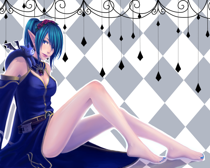 00s, 1girl, argyle_background, argyle_clothes, bare_legs, bare_shoulders, barefoot, belt, blue_eyes, blue_hair, cat, character_request, colored_eyelashes, creature, demon_wings, detached_sleeves, earrings, female_focus, flower, hair_ornament, highres, jewelry, konoe3, legs, light_smile, lipstick, makeup, master_of_epic, matching_hair/eyes, nail_polish, pointy_ears, rose, sitting, solo, wings