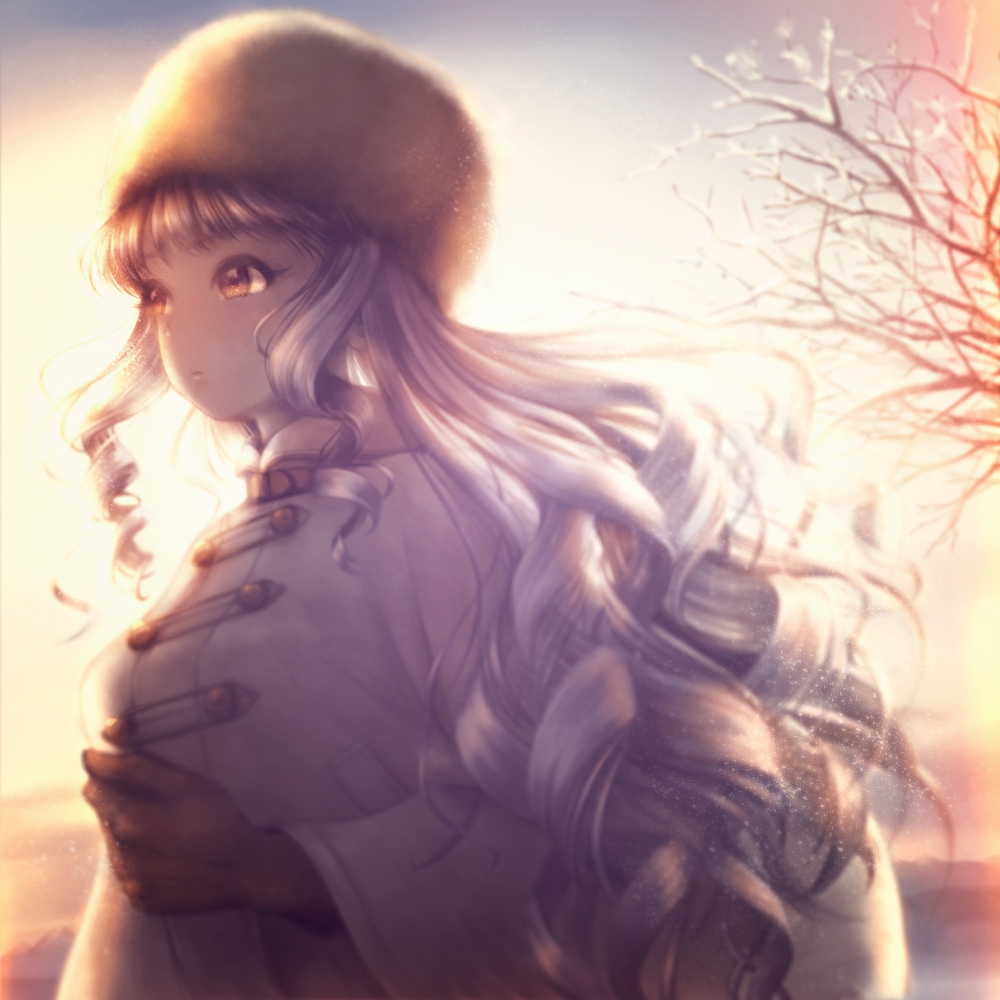 1girl, blunt_bangs, brown_eyes, coat, drill_hair, female_focus, fur_hat, gloves