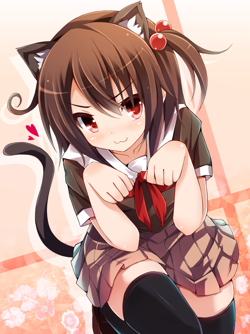 >:3, 1girl, :3, animal_ears, black_thighhighs, borrowed_character, brown_hair, cat_ears, cat_tail, chiri_(atlanta), dutch_angle, fake_animal_ears, female_focus, hair_bobbles, hair_ornament, heart, highres, leg_up, loafers, morinaga_koeda, one_side_up, original, paw_pose, pleated_skirt, red_eyes, school_uniform, shoes, short_hair, skirt, solo, tail, thighhighs, v-shaped_eyebrows, zettai_ryouiki