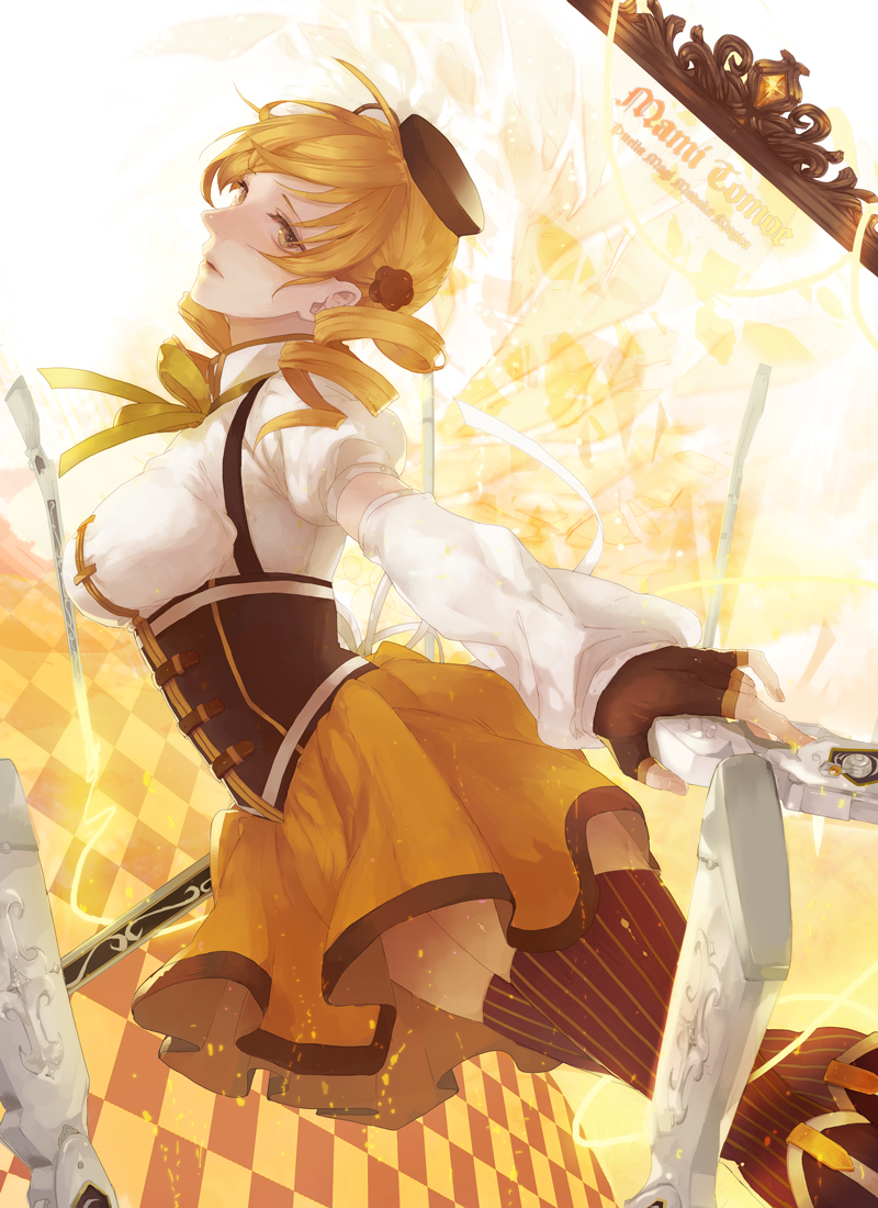 10s, 1girl, bad_id, bad_pixiv_id, blonde_hair, breasts, character_name, copyright_name, drill_hair, female_focus, gun, hair_ornament, hat, hi-fi, long_hair, magical_girl, magical_musket_(madoka_magica), mahou_shoujo_madoka_magica, mahou_shoujo_madoka_magica_(anime), rifle, short_hair, smile, solo, thighhighs, tomoe_mami, tomoe_mami_(magical_girl), twin_drills, twintails, weapon, yellow_eyes, yukisame