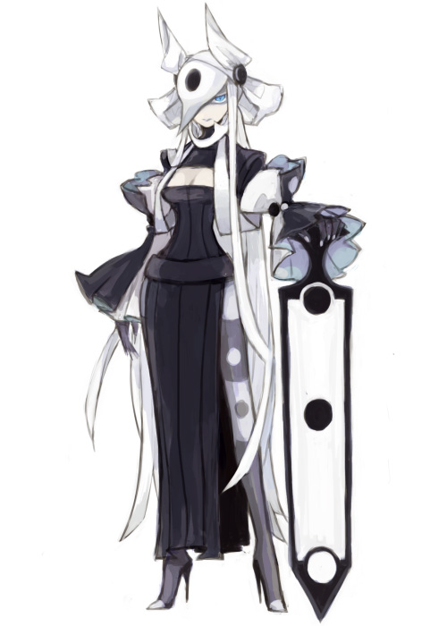 1girl, aggron, blue_eyes, breasts, cleavage, dress, female_focus, full_body, gen_3_pokemon, helmet, high_heels, long_hair, nintendo, notoro, one_eye_covered, personification, pokemon, shoes, side_slit, simple_background, solo, sword, very_long_hair, weapon, white_hair