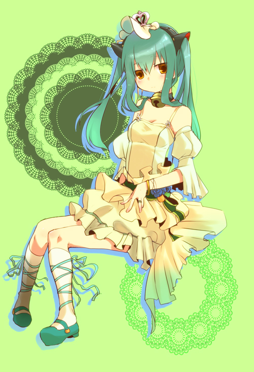 1girl, alternate_costume, bell, brown_eyes, choker, detached_sleeves, dress, eiyuu_densetsu, falcom, female_focus, flower, full_body, green_background, green_hair, hat, kneehighs, long_hair, mary_janes, no_mouth, rinka_rakura, shoes, skirt, socks, solo, tio_plato, twintails, white_socks, yellow_dress, yellow_skirt, zero_no_kiseki