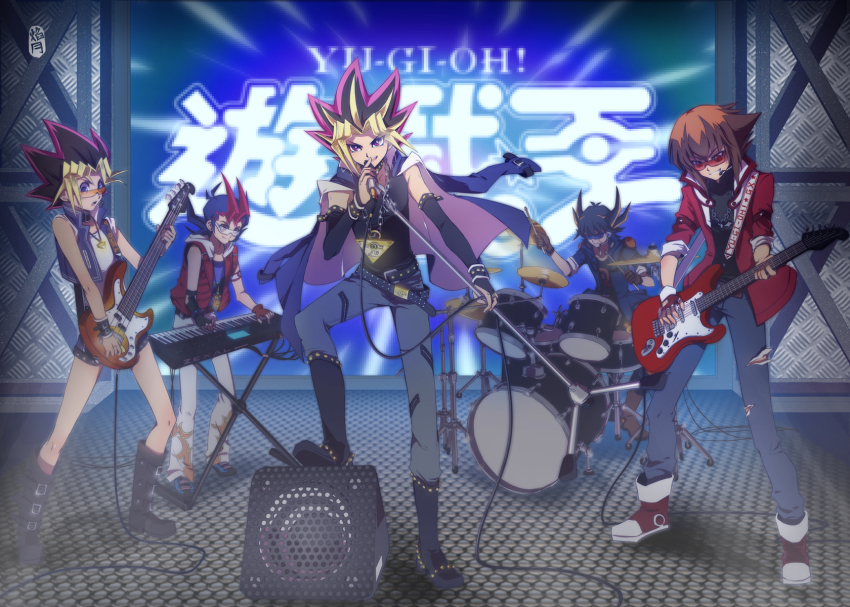 5boys, band_(music), brown_hair, crossover, drum, duel_academy_uniform_(yu-gi-oh!_gx), colored_bangs, fudo_yusei