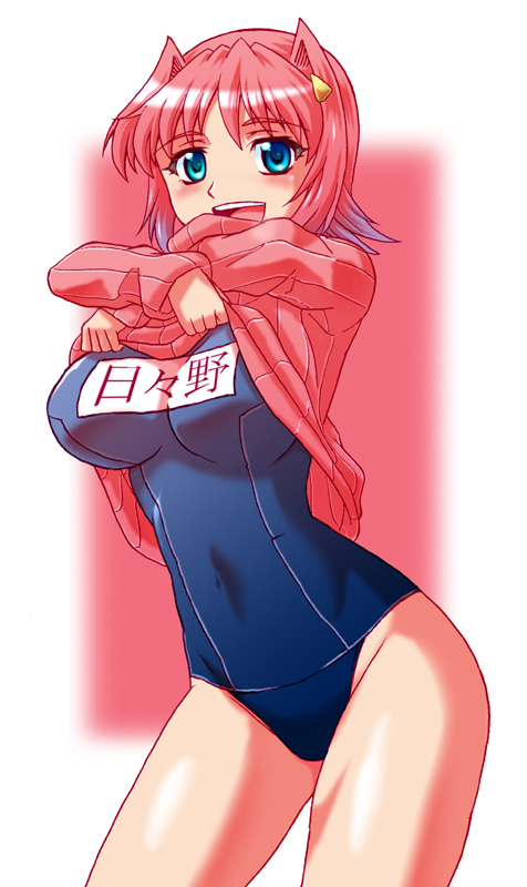 1girl, aqua_eyes, clothes_lift, female_focus, hibino_aki, multicolored_hair, one-piece_swimsuit, original