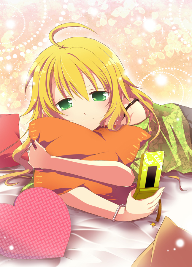 ahoge, bad_id, bad_pixiv_id, blonde_hair, cellphone, green_hair, haruna_hisui, heart
