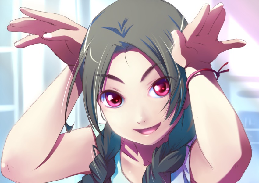 00s, 1girl, :d, abenobashi_mahou_shoutengai, arms_up, asahina_arumi, bracelet, braid, brown_hair, bunny_ears_gesture, derivative_work, female_focus, gesture, hiyoko_touna, jewelry, open_mouth, portrait, rabbit_pose, red-eyes_macadamiachoco, red_eyes, smile, solo, twin_braids