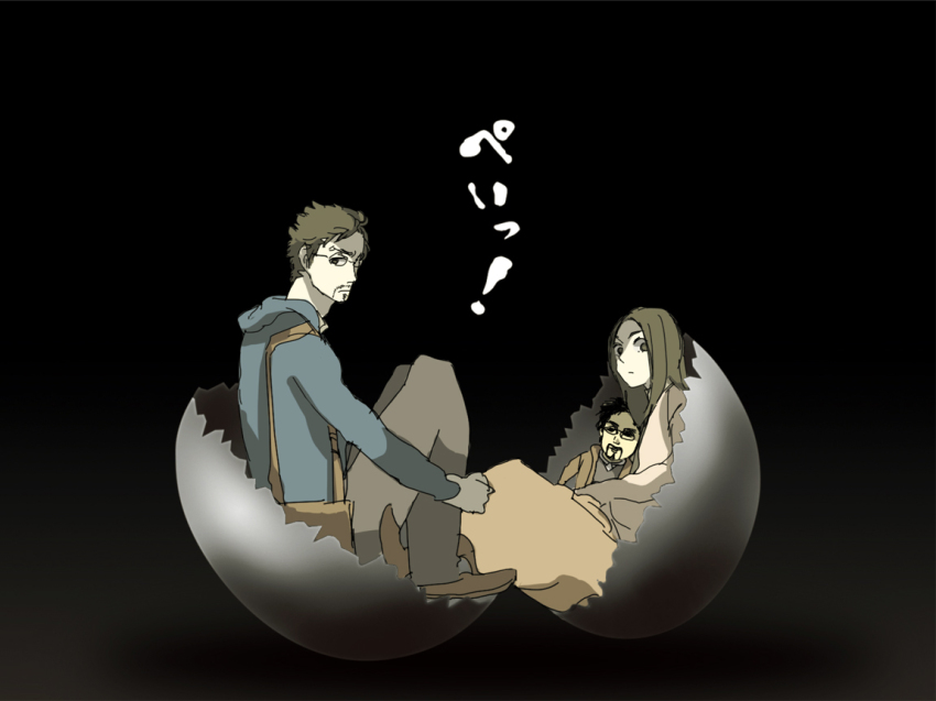 1boy, 1girl, bag, beard, brown_hair, egg, facial_hair, glasses