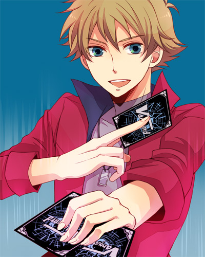 10s, brown_hair, card, cardfight!!_vanguard, cardfight!!_vanguard_(cards), green_eyes, looking_at_viewer, lowres, male_focus, mitsusada_kenji