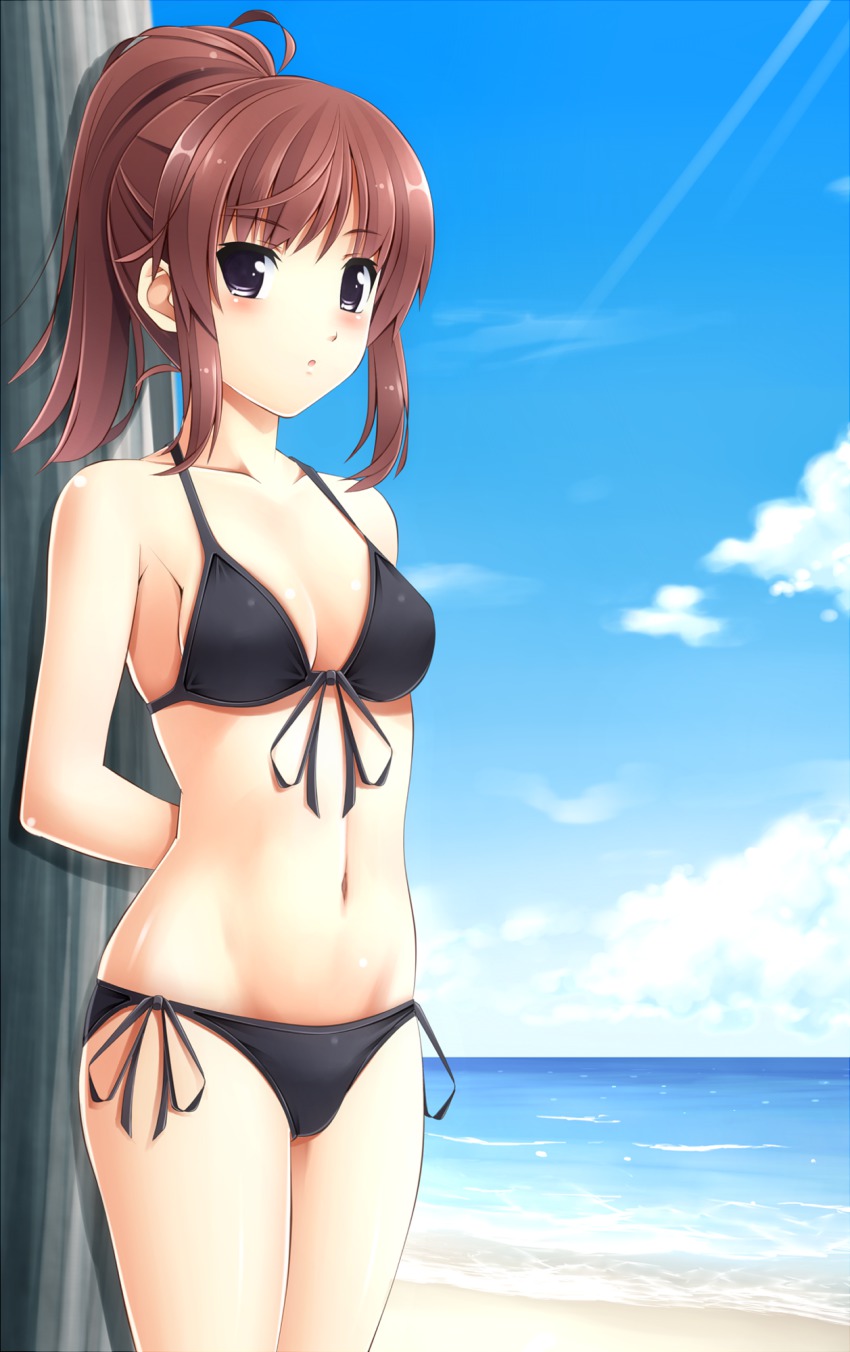 1girl, :o, arms_behind_back, bad_id, bad_pixiv_id, beach, bikini, black_bikini