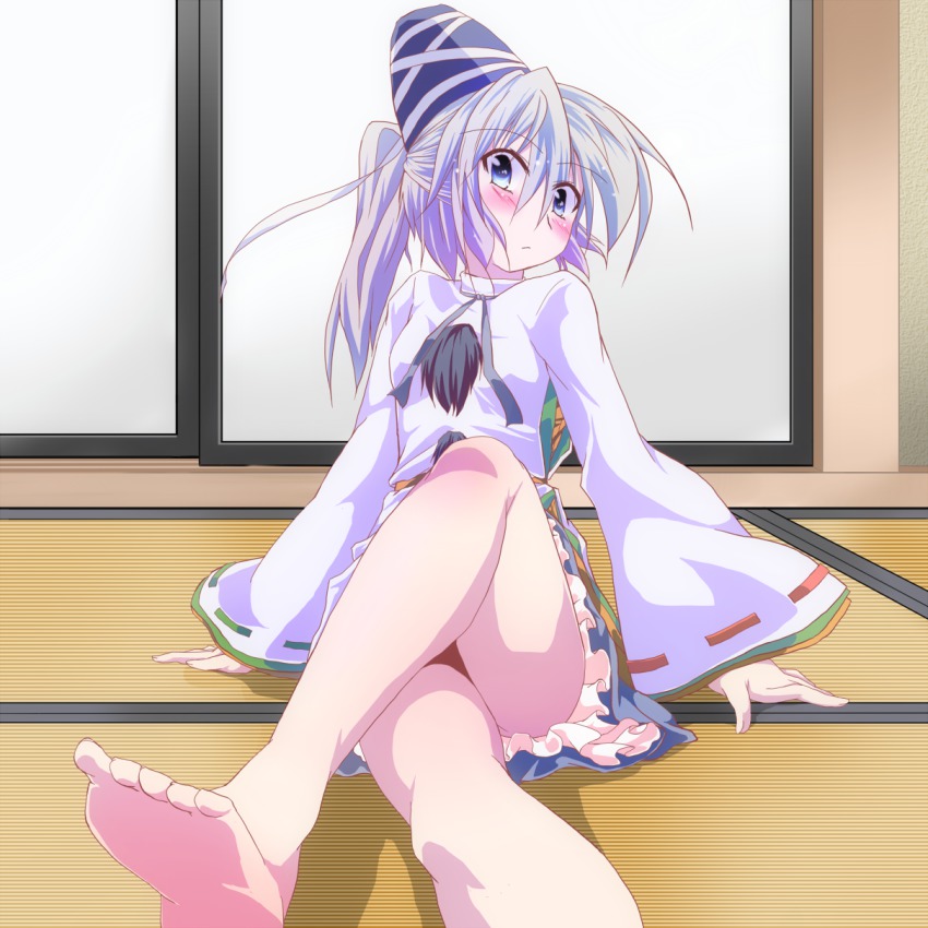 1girl, bad_id, bad_pixiv_id, barefoot, blue_eyes, blush, feet, female_focus