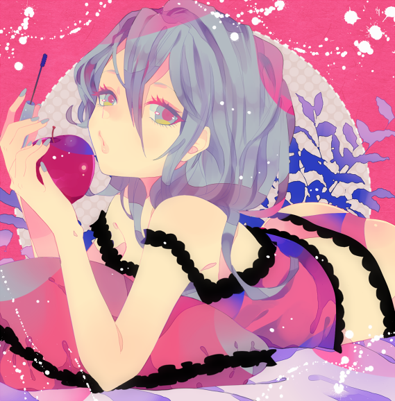 1girl, apple, aqua_eyes, aqua_hair, bare_shoulders, camisole, female_focus, food