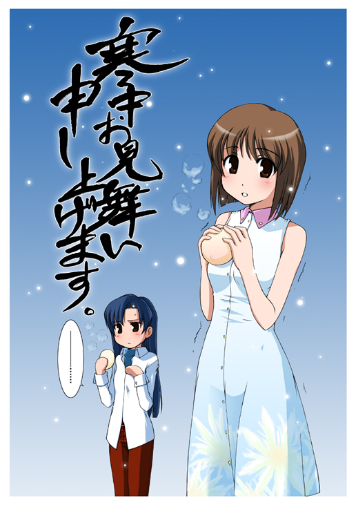 00s, 2girls, bare_shoulders, blue_hair, blush, border, brown_eyes, brown_hair