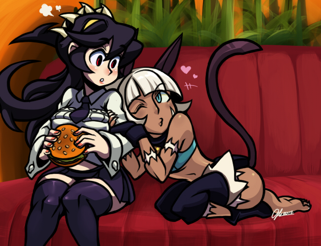 2girls, animal_ears, aqua_eyes, arm_grab, audrey_kare, bare_shoulders, barefoot, black_hair, black_legwear, bob_cut, breasts, burger, cat_ears, cat_girl, cat_tail, couch, crop_top, dark-skinned_female, dark_skin, extra_mouth, female_focus, filia_(skullgirls), fingerless_gloves, food, futakuchi-onna, gloves, leg_warmers, long_hair, midriff, ms._fortune_(skullgirls), multiple_girls, navel, necktie, one_eye_closed, open_mouth, prehensile_hair, red_eyes, samson_(skullgirls), scar, shirt, short_hair, sitting, skirt, skullgirls, smile, tail, thick_thighs, thighhighs, thighs, white_hair, wink, yellow_eyes