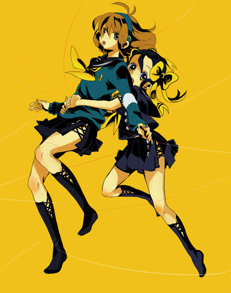 1boy, 1girl, black_hair, blue_eyes, bow, brown_hair, hair_bow, hairband