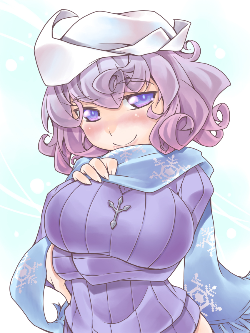 1girl, alternate_costume, blue_eyes, blue_scarf, breast_hold, breast_suppress, breasts, curly_hair