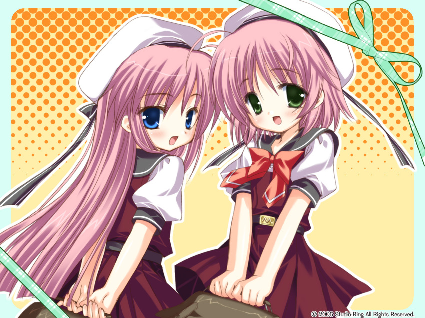 2girls, asakura_maina, asakura_yuuna, bag, beret, blue_eyes, bow, game_cg